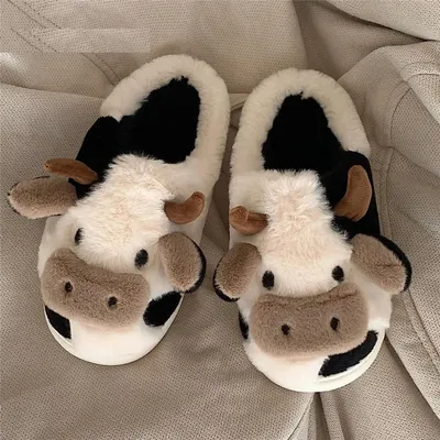 Milk Cow Cushion Slippers Home Slides Fluffy Winter Warm Cartoon House Cute Funny Shoes