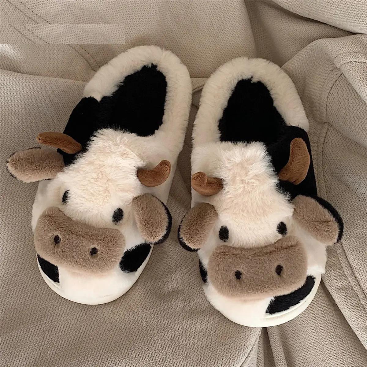 Milk Cow Cushion Slippers Home Slides Fluffy Winter Warm Cartoon House Cute Funny Shoes
