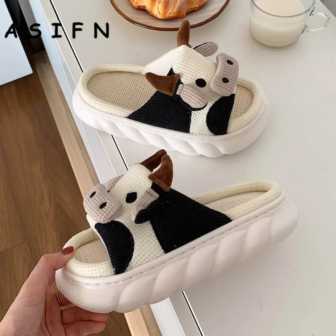 Milk Cow Cushion Slippers Home Slides Fluffy Winter Warm Cartoon House Cute Funny Shoes