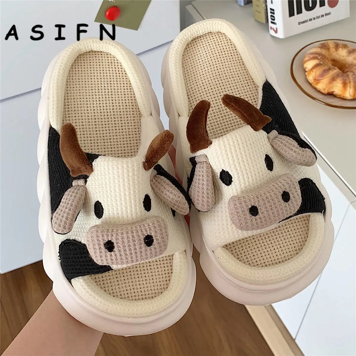 Milk Cow Cushion Slippers Home Slides Fluffy Winter Warm Cartoon House Cute Funny Shoes