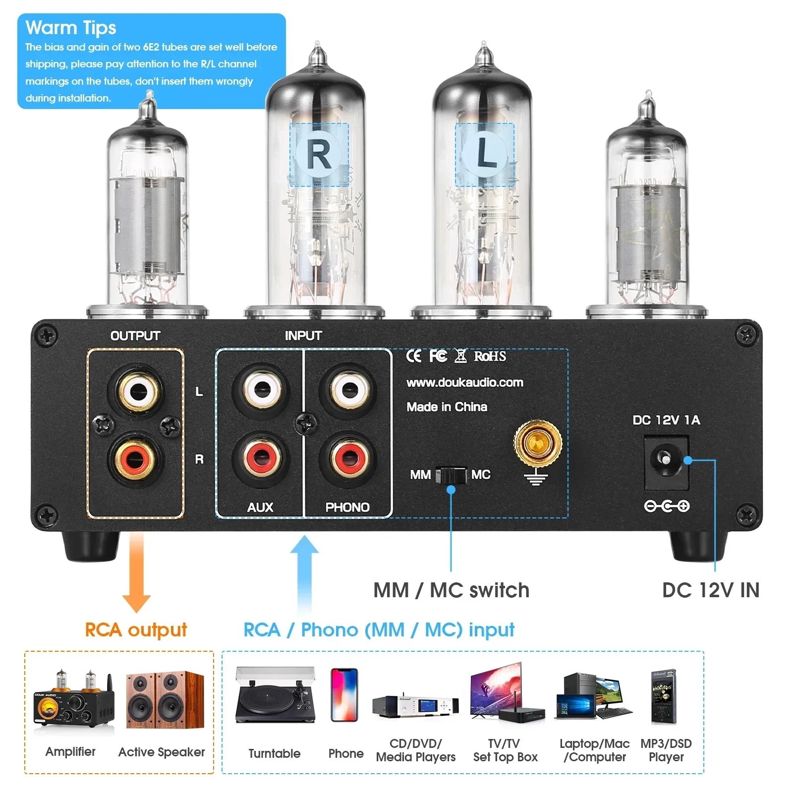 Mini 6E2 MM/MC Phono Stage Turntable Preamp HiFi Stereo Audio Vacuum Tube Preamplifier Dekstop Headphone Amp