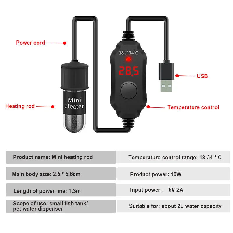 Mini Aquarium Heating Rod Fish Tank Aquarium Heater Submersible Thermostat Heater 18-34°C Adjustable Temperature