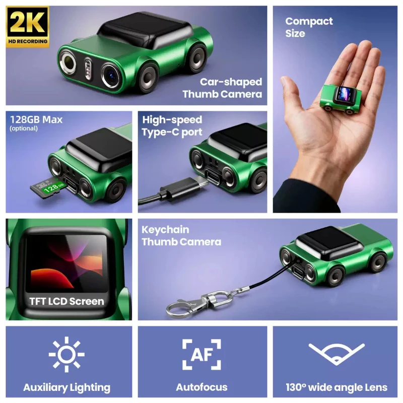 Mini Camera 2K HD Video Recorder Car Shaped Keychain Thumb Camera Built in Flash 130° Wide Angle Lens Auto Focus Cam