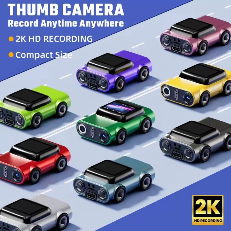 Mini Camera 2K HD Video Recorder Car Shaped Keychain Thumb Camera Built in Flash 130° Wide Angle Lens Auto Focus Cam