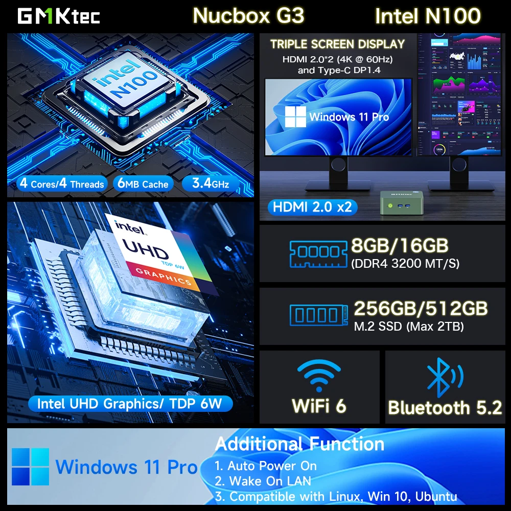 Mini PC Intel Alder Lake N100 Windows 11 Pro Mini PC 8/16GB DDR4 256/512GB PCIe M.2 SSD WiFi 6 BT5.2 Desktop Computer