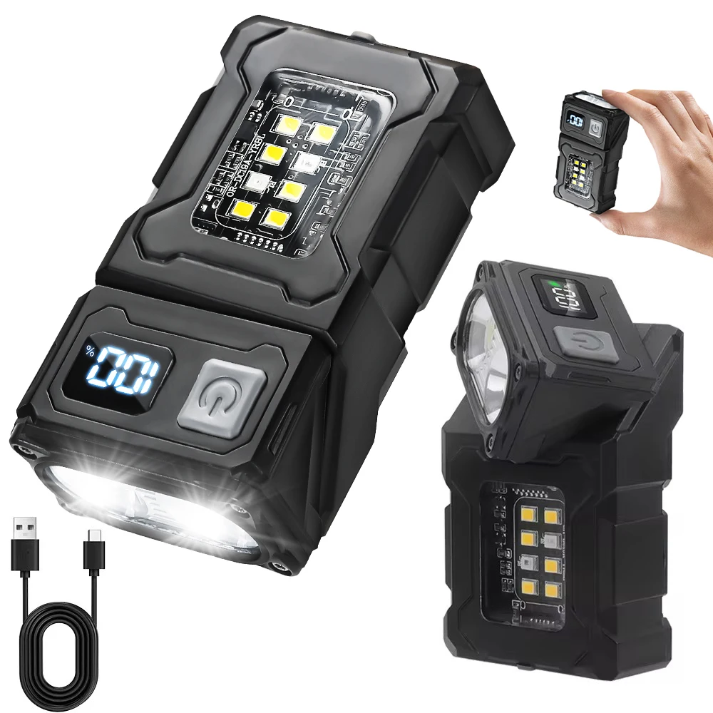 Mini Portable LED COB Flashlight Head Rotation Magnetic Torch Built-in Battery USB Rechargable Outdoor Camping