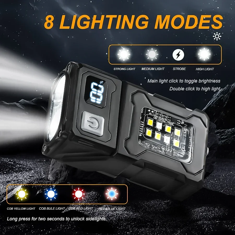 Mini Portable LED COB Flashlight Head Rotation Magnetic Torch Built-in Battery USB Rechargable Outdoor Camping