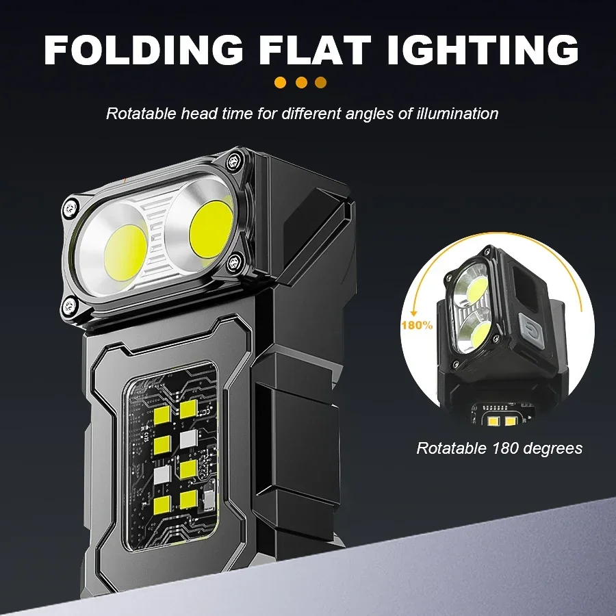 Mini Portable LED COB Flashlight Head Rotation Magnetic Torch Built-in Battery USB Rechargable Outdoor Camping