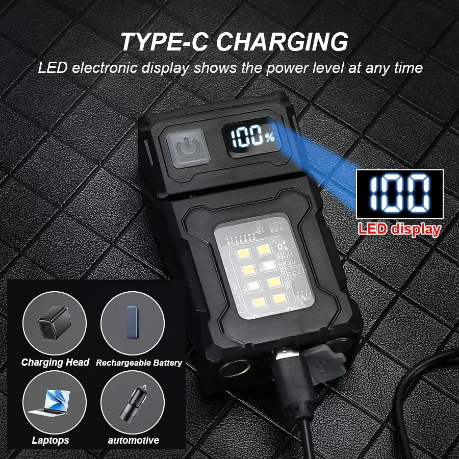 Mini Portable LED COB Flashlight Head Rotation Magnetic Torch Built-in Battery USB Rechargable Outdoor Camping