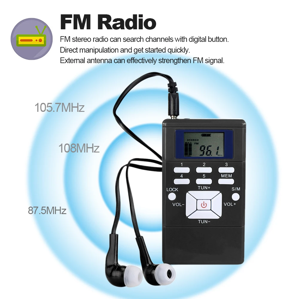 Mini Portable Stereo FM Radio Digital Clock Receiver for Meeting Simultaneous Interpretation Clip-on Radio w/ Earphone