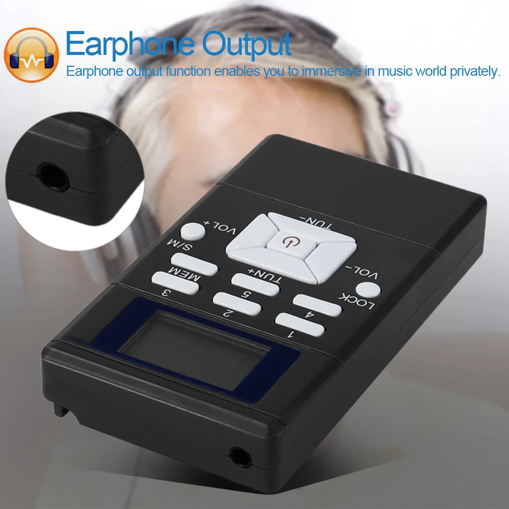 Mini Portable Stereo FM Radio Digital Clock Receiver for Meeting Simultaneous Interpretation Clip-on Radio w/ Earphone