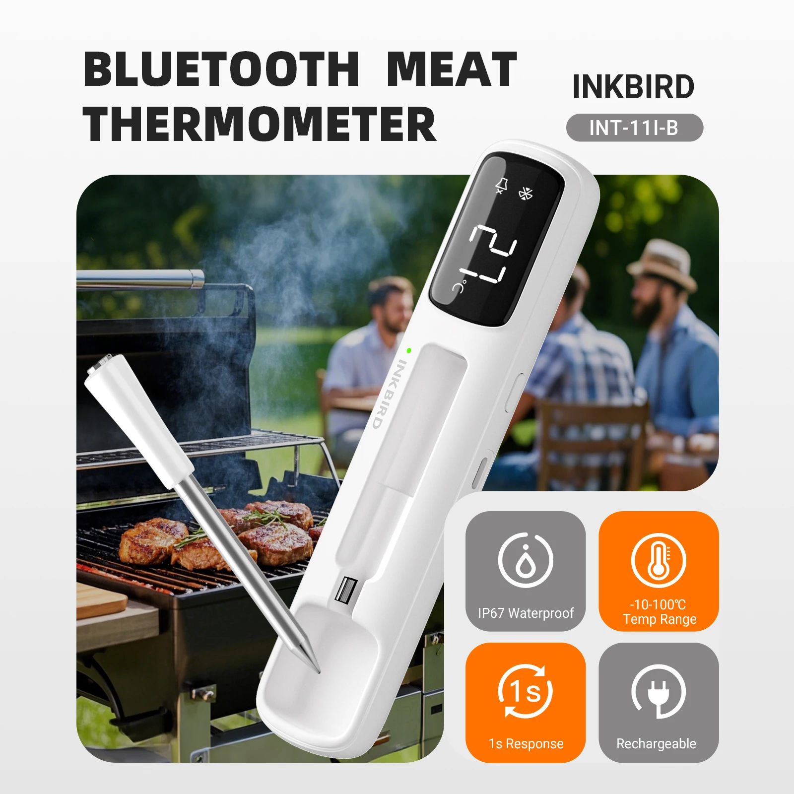 Mini Wireless Meat Thermometer, Bluetooth 5.4 1000ft, 1s Response, IP67, 26 Presets, LED Display, for BBQ/Grill