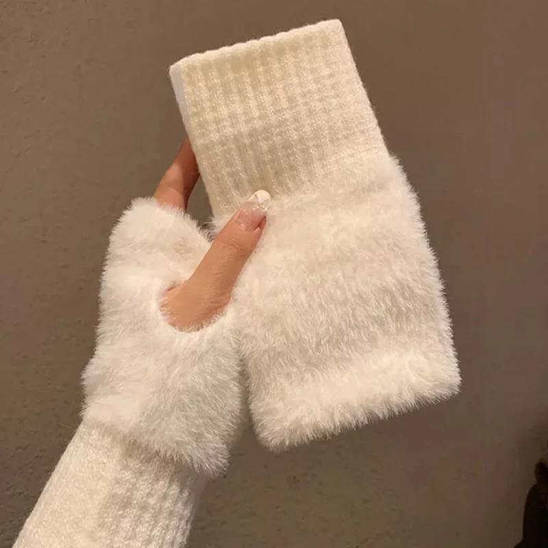 Mink Fleece Soft Winter Half Finger Gloves Women Warm Luxury Solid White Plush Knitted Fingerless Gloves Wrist Mittens