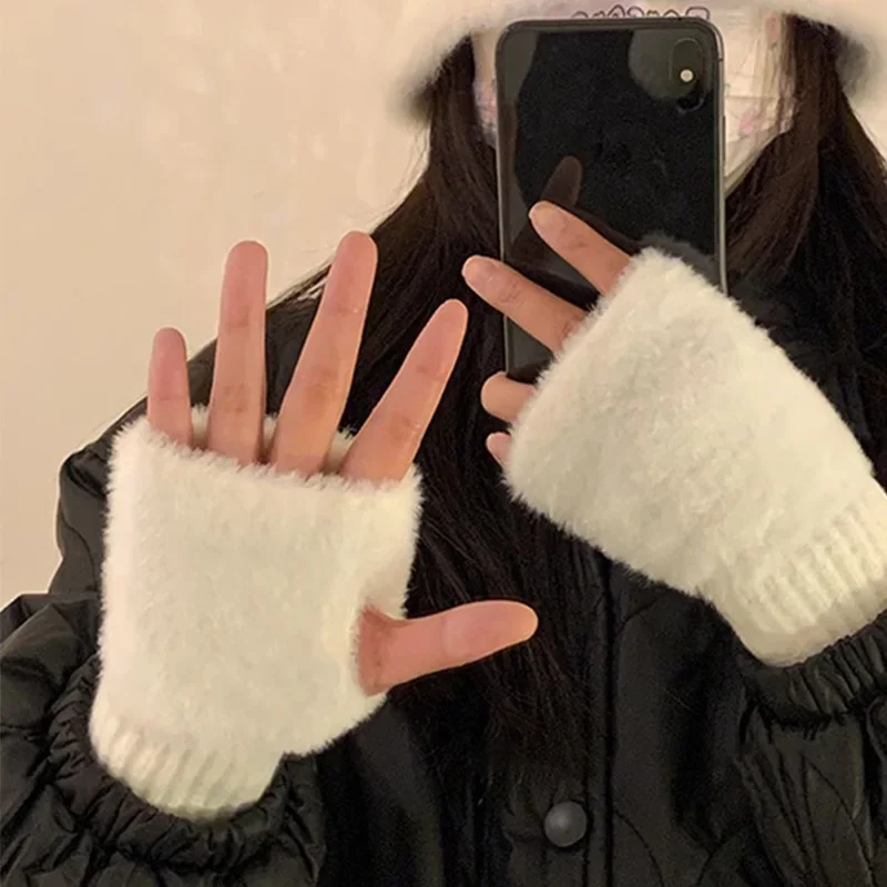 Mink Fleece Soft Winter Half Finger Gloves Women Warm Luxury Solid White Plush Knitted Fingerless Gloves Wrist Mittens