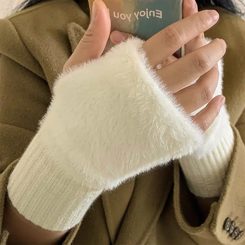 Mink Fleece Soft Winter Half Finger Gloves Women Warm Luxury Solid White Plush Knitted Fingerless Gloves Wrist Mittens