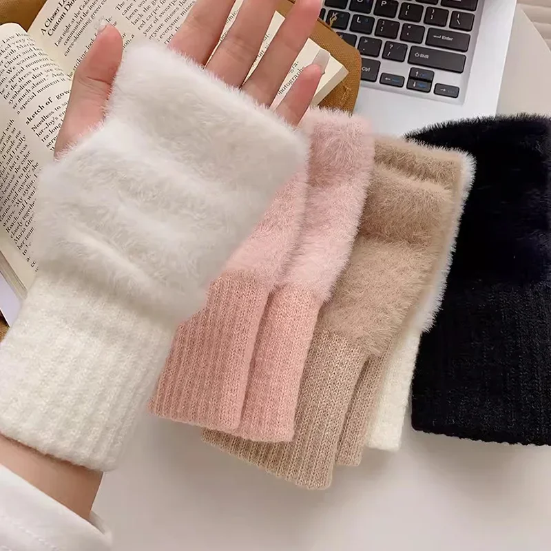 Mink Fleece Soft Winter Half Finger Gloves Women Warm Luxury Solid White Plush Knitted Fingerless Gloves Wrist Mittens