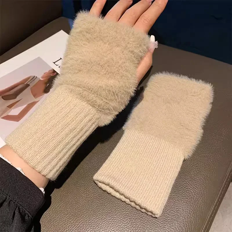 Mink Fleece Soft Winter Half Finger Gloves Women Warm Luxury Solid White Plush Knitted Fingerless Gloves Wrist Mittens