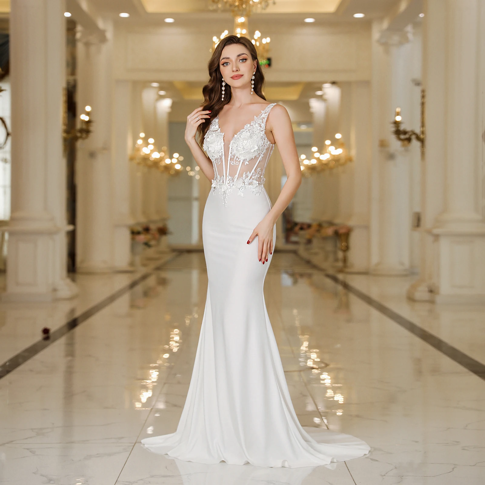 MisShow Elegant Straps White Mermaid Wedding Dresses Lace Pearls Backless V Neck Sleeveless Formal Party Gowns Vestido MisShow Elegant Straps White Mermaid Wedding Dresses Lace Pearls Backless V Neck Sleeveless Formal Party Gowns Vestido