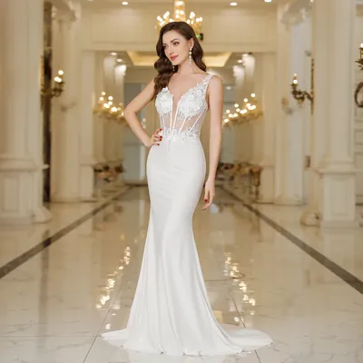 MisShow Elegant Straps White Mermaid Wedding Dresses Lace Pearls Backless V Neck Sleeveless Formal Party Gowns Vestido