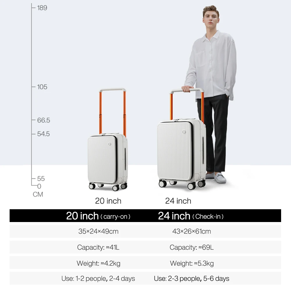 Mixi Front Laptop Pocket Suitcase Wide Handle Travel Suitcase Men 20”Carry-On Luggage Women PC Aluminum Frame Trolley
