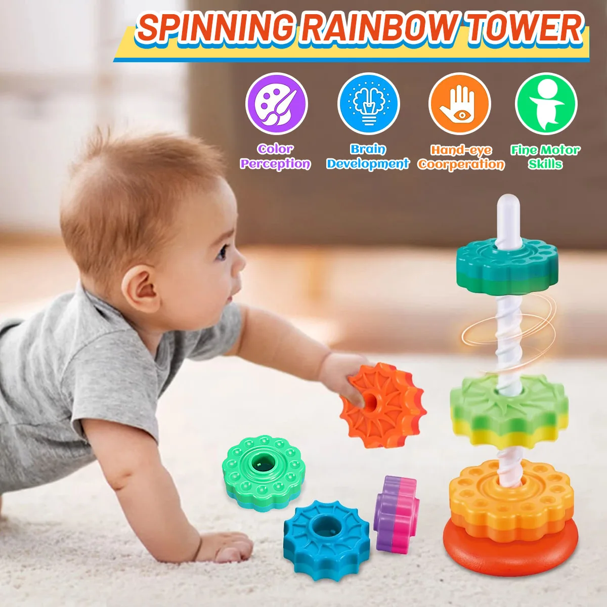 Montessori Rotating Rainbow Tower Baby Stacking Puzzle Toys Safety and Environmental Protection Colored Children's Toys Montessori Rotating Rainbow Tower Baby Stacking Puzzle Toys Safety and Environmental Protection Colored Children's Toys