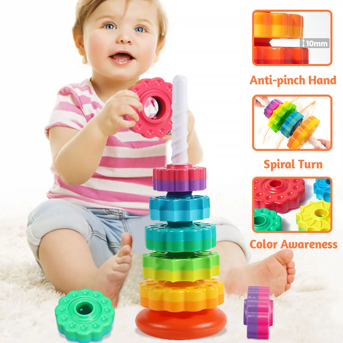Montessori Rotating Rainbow Tower Baby Stacking Puzzle Toys Safety and Environmental Protection Colored Children's Toys Montessori Rotating Rainbow Tower Baby Stacking Puzzle Toys Safety and Environmental Protection Colored Children's Toys