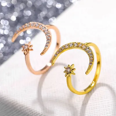 Moon and Star Ring with Zircon Crystals