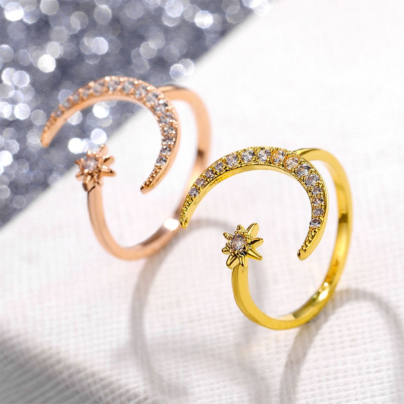 Moon and Star Ring with Zircon Crystals Moon and Star Ring with Zircon Crystals