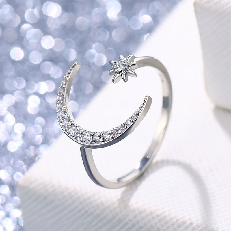 Moon and Star Ring with Zircon Crystals