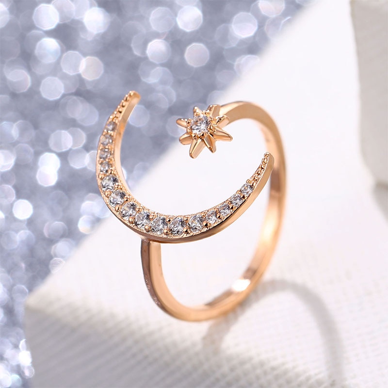 Moon and Star Ring with Zircon Crystals