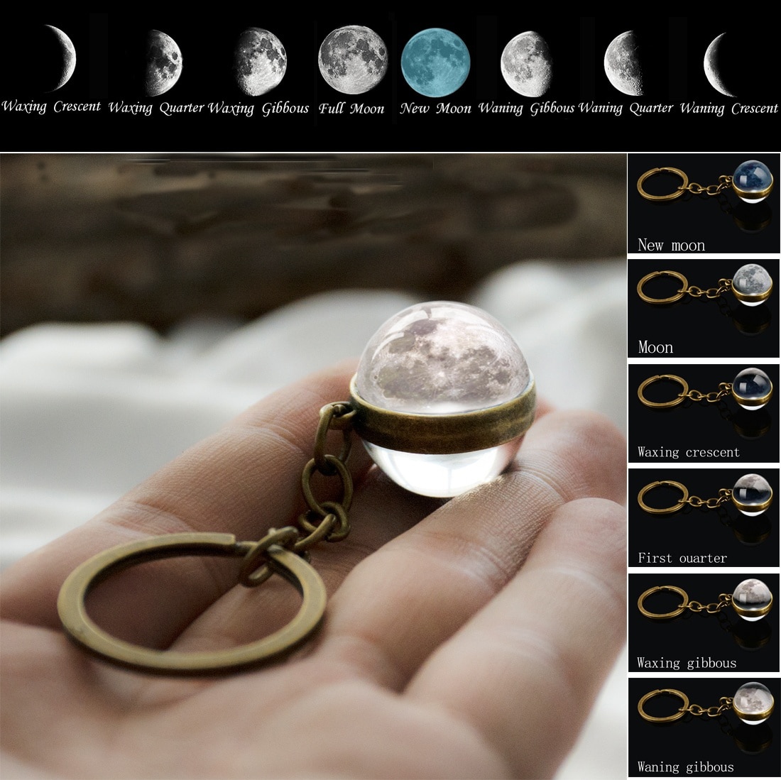 Moon Keychain with Phases of the Moon Image Moon Keychain with Phases of the Moon Image