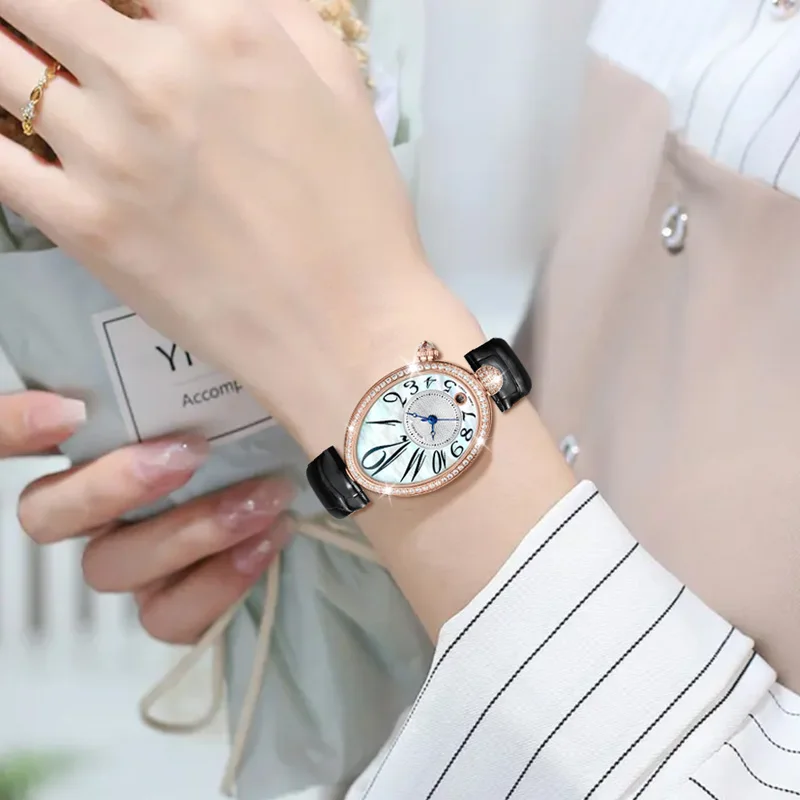 Mother-of-Pearl and Diamond Automatic Watch for Women Oval Dial Calendar Leather Strap Seagull movement Luxury Watches