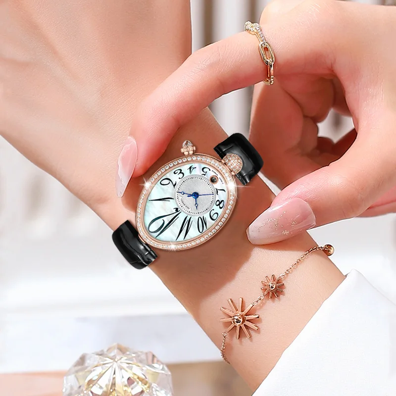 Mother-of-Pearl and Diamond Automatic Watch for Women Oval Dial Calendar Leather Strap Seagull movement Luxury Watches