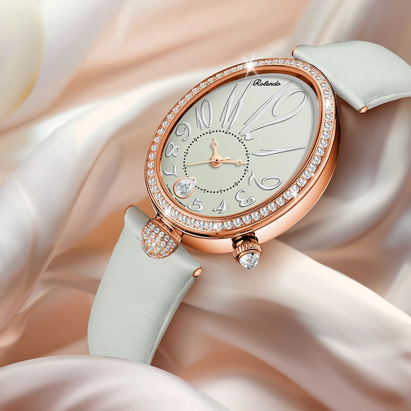 Mother-of-Pearl and Diamond Automatic Watch for Women Oval Dial Calendar Leather Strap Seagull movement Luxury Watches