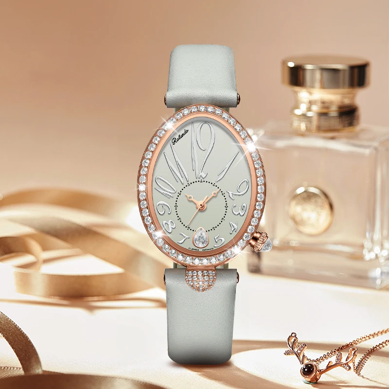 Mother-of-Pearl and Diamond Automatic Watch for Women Oval Dial Calendar Leather Strap Seagull movement Luxury Watches