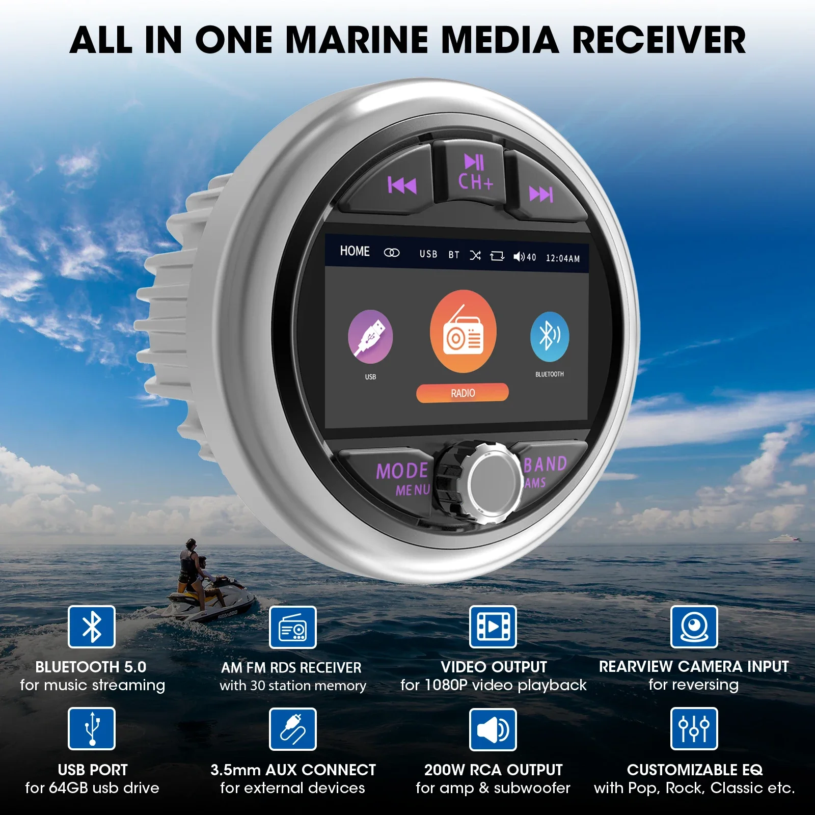 MP5 Marine Stereo Waterproof IPX5 Boat Radio Player Bluetooth FM AM RDS Audio For Yacht Gauge ATV UTV Cart Motorcycle MP5 Marine Stereo Waterproof IPX5 Boat Radio Player Bluetooth FM AM RDS Audio For Yacht Gauge ATV UTV Cart Motorcycle