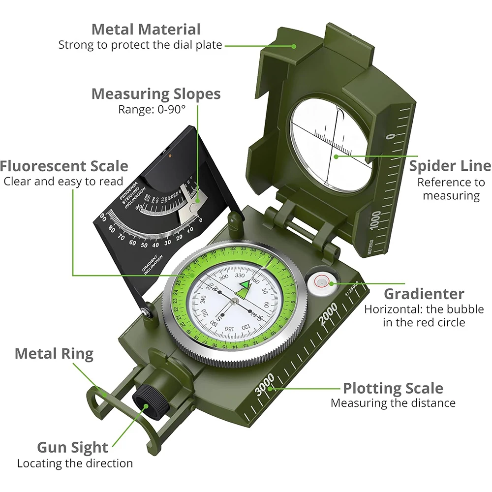 Mulitifunctional High Precision Outdoor Survival Military Compass Camping Waterproof Metal with Fluorescent Geological Mulitifunctional High Precision Outdoor Survival Military Compass Camping Waterproof Metal with Fluorescent Geological