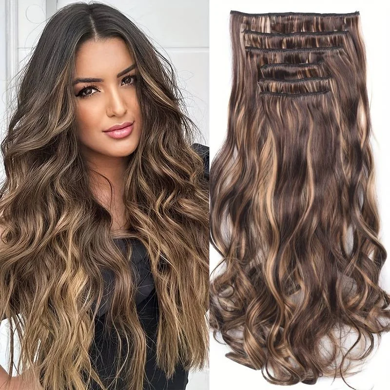 Multi Color Clip-in Body Wave Hair Extensions 45.72cm 6 PCS Double Weft Synthetic Heat Resistant Hair Extensions for Multi Color Clip-in Body Wave Hair Extensions 45.72cm 6 PCS Double Weft Synthetic Heat Resistant Hair Extensions for