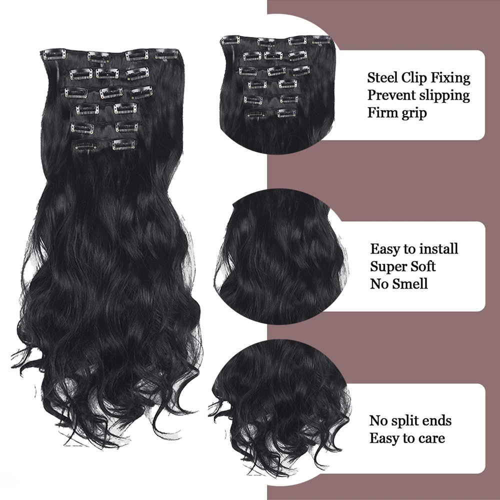 Multi Color Clip-in Body Wave Hair Extensions 45.72cm 6 PCS Double Weft Synthetic Heat Resistant Hair Extensions for