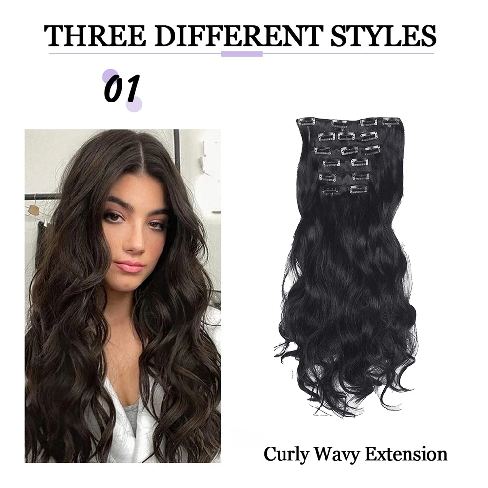 Multi Color Clip-in Body Wave Hair Extensions 45.72cm 6 PCS Double Weft Synthetic Heat Resistant Hair Extensions for