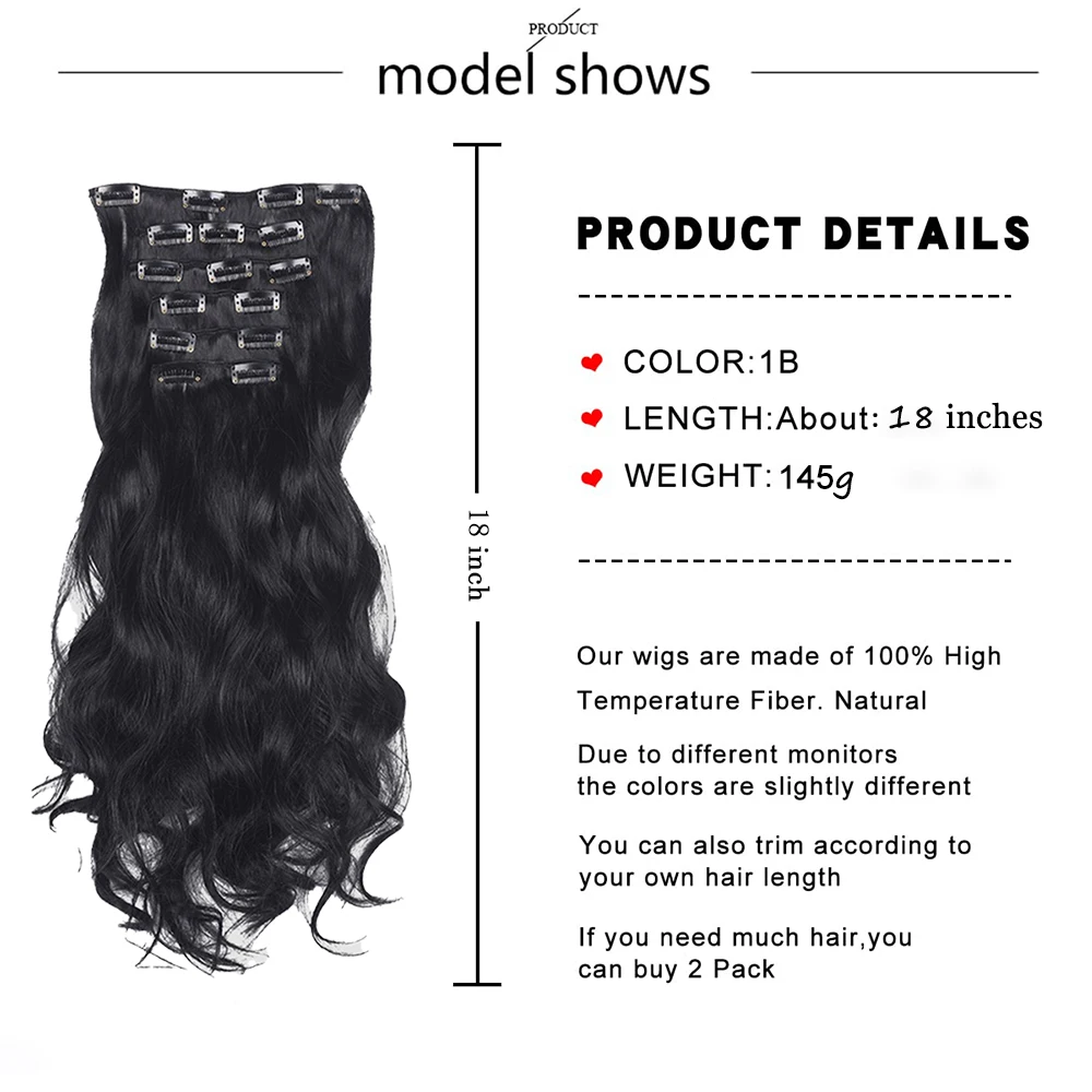 Multi Color Clip-in Body Wave Hair Extensions 45.72cm 6 PCS Double Weft Synthetic Heat Resistant Hair Extensions for