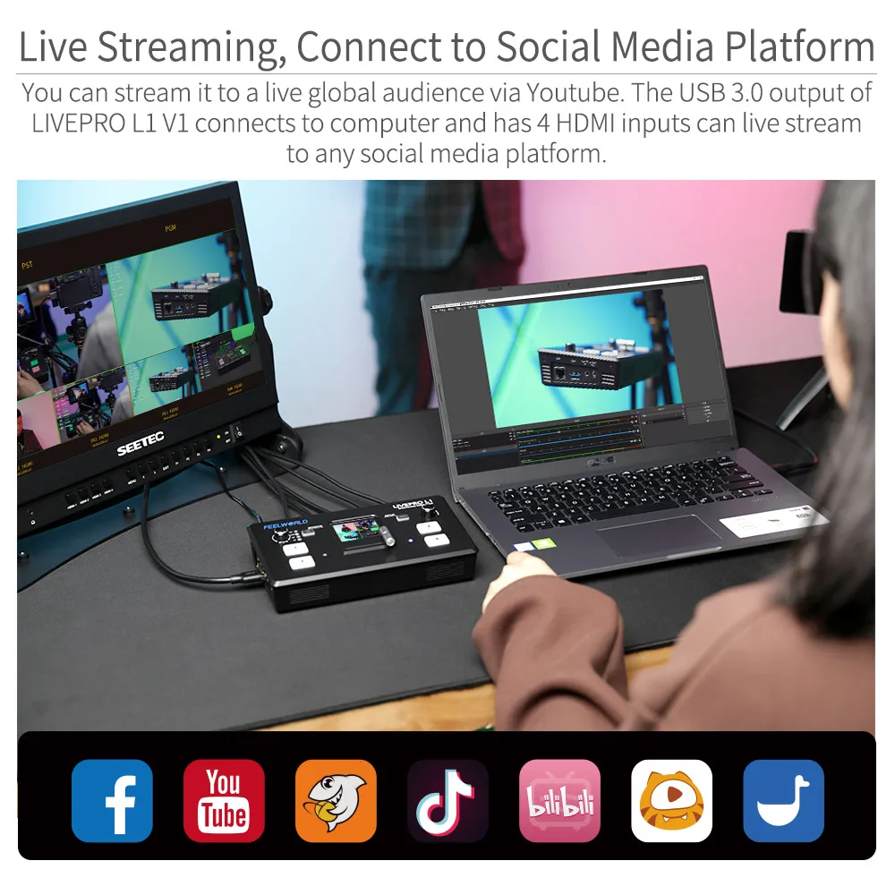 Multi Format Video Mixer Switcher 4x HDMI Inputs Camera Production USB3.0 Live Streaming Youtube
