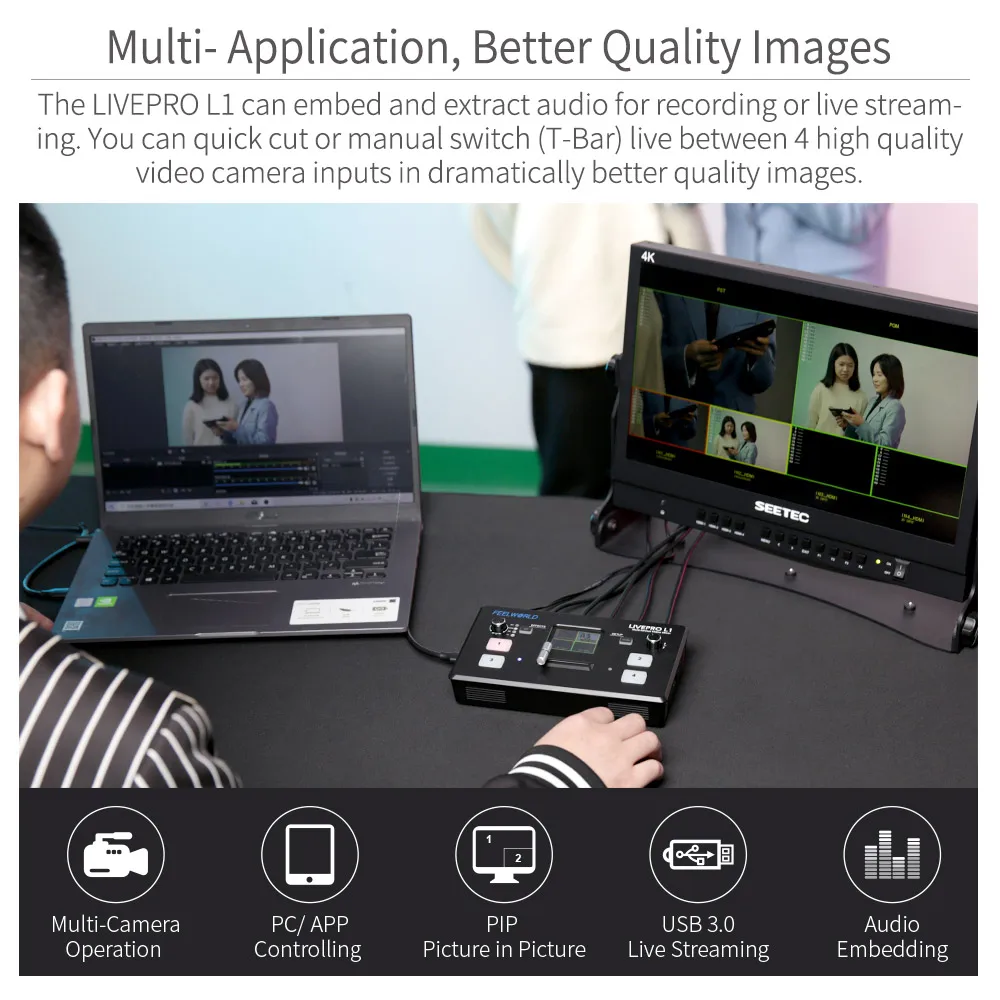 Multi Format Video Mixer Switcher 4x HDMI Inputs Camera Production USB3.0 Live Streaming Youtube