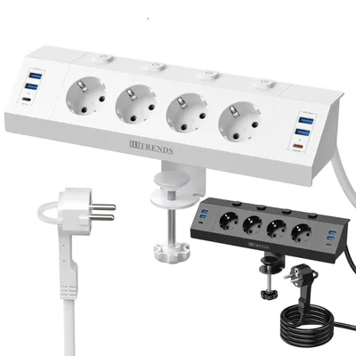 Multi-plug power strip with desktop clamping device pull ring plug 4 USB-A and 2 USB-C ports single-control switch 2 m Multi-plug power strip with desktop clamping device pull ring plug 4 USB-A and 2 USB-C ports single-control switch 2 m