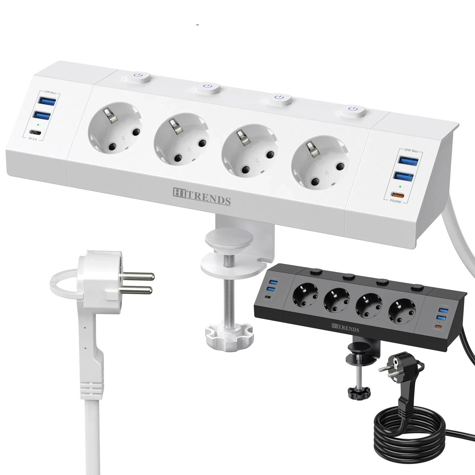 Multi-plug power strip with desktop clamping device pull ring plug 4 USB-A and 2 USB-C ports single-control switch 2 m