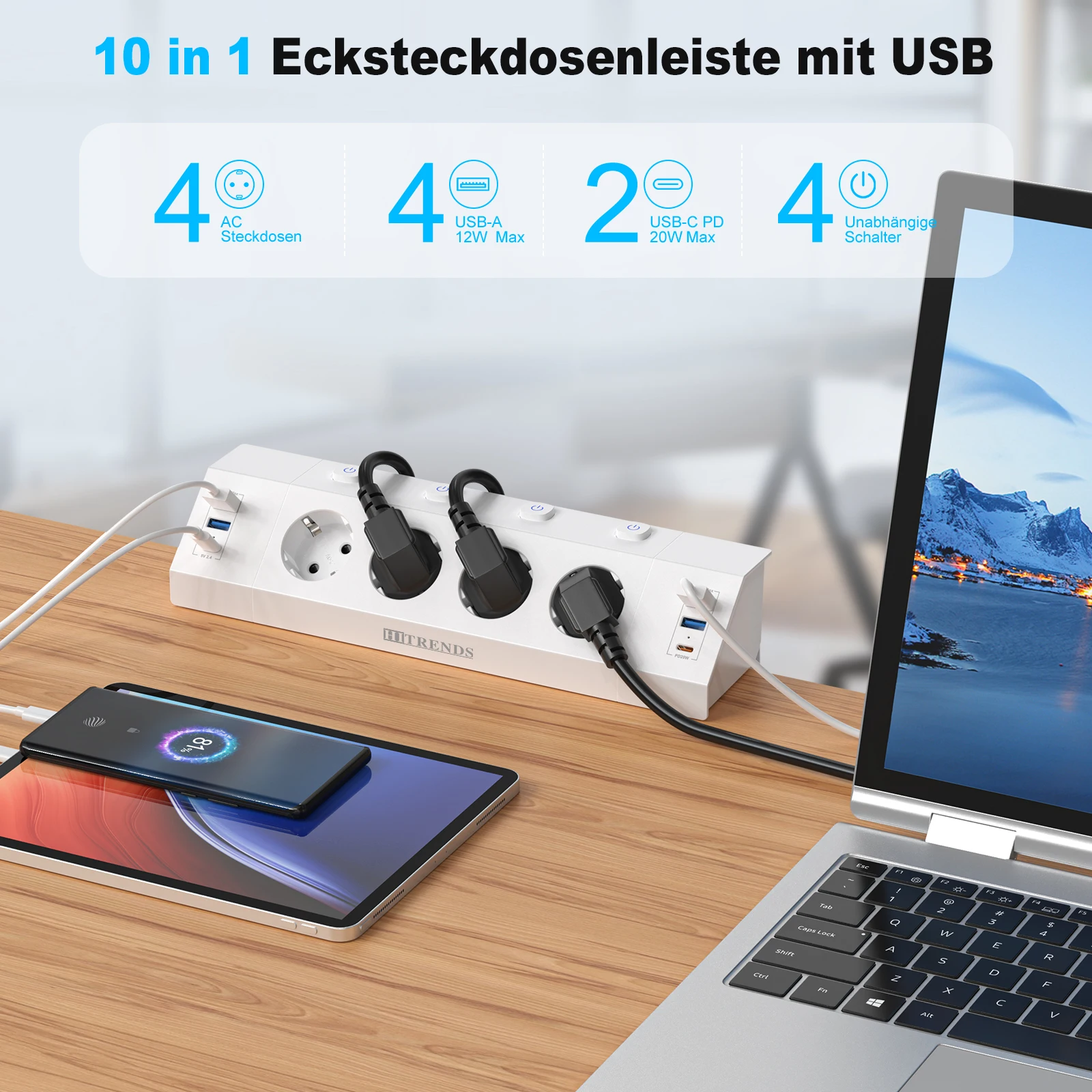 Multi-plug power strip with desktop clamping device pull ring plug 4 USB-A and 2 USB-C ports single-control switch 2 m Multi-plug power strip with desktop clamping device pull ring plug 4 USB-A and 2 USB-C ports single-control switch 2 m