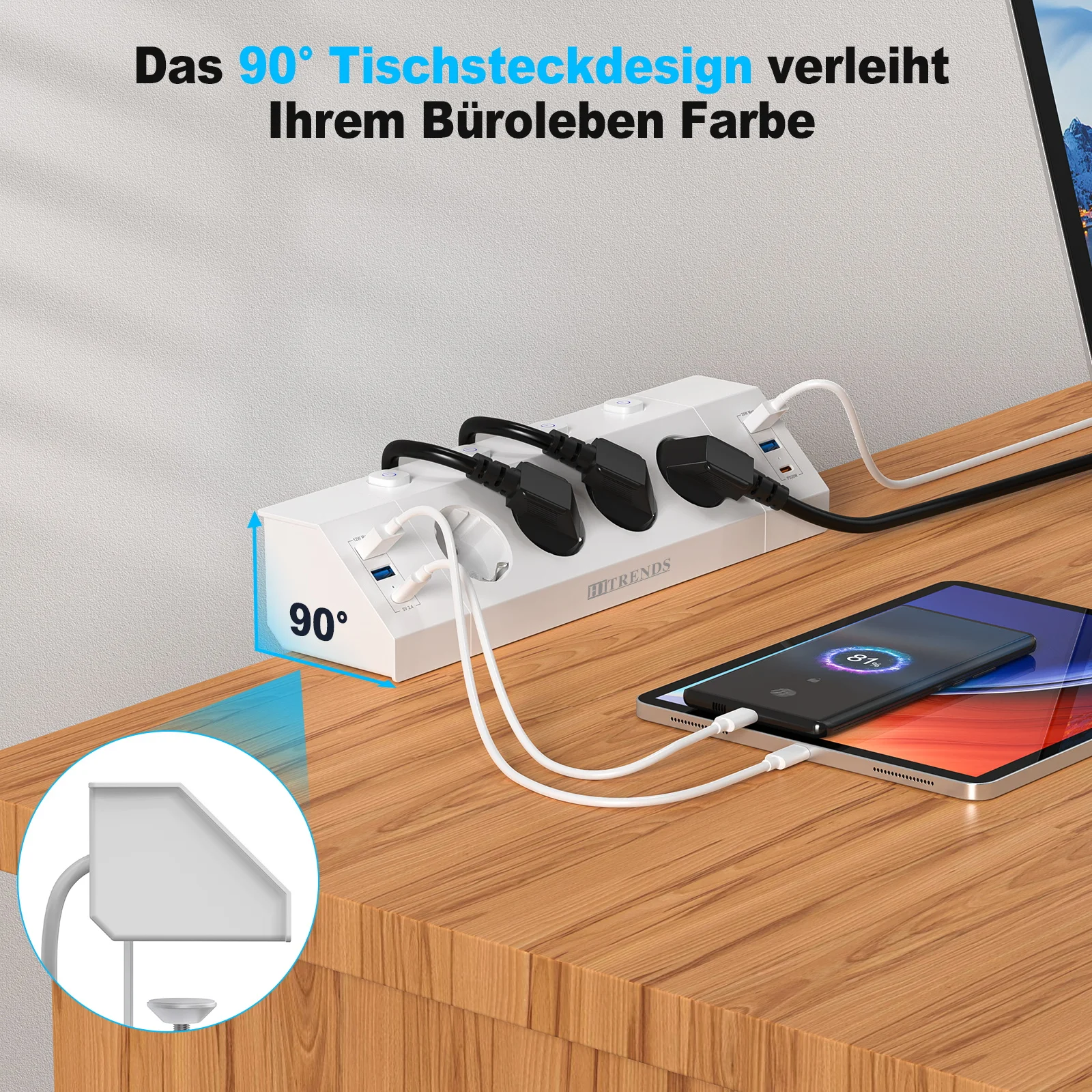Multi-plug power strip with desktop clamping device pull ring plug 4 USB-A and 2 USB-C ports single-control switch 2 m Multi-plug power strip with desktop clamping device pull ring plug 4 USB-A and 2 USB-C ports single-control switch 2 m