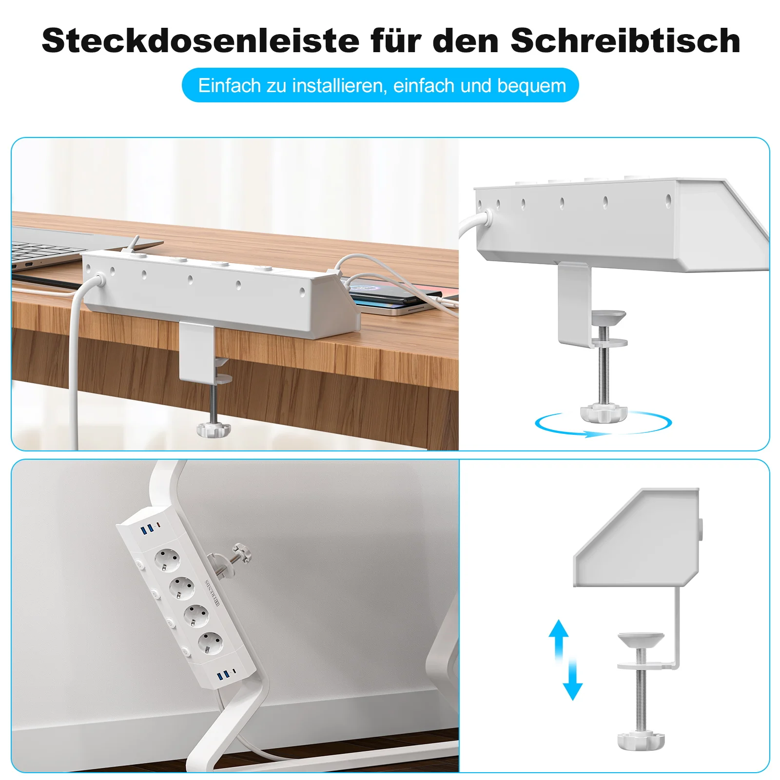 Multi-plug power strip with desktop clamping device pull ring plug 4 USB-A and 2 USB-C ports single-control switch 2 m Multi-plug power strip with desktop clamping device pull ring plug 4 USB-A and 2 USB-C ports single-control switch 2 m