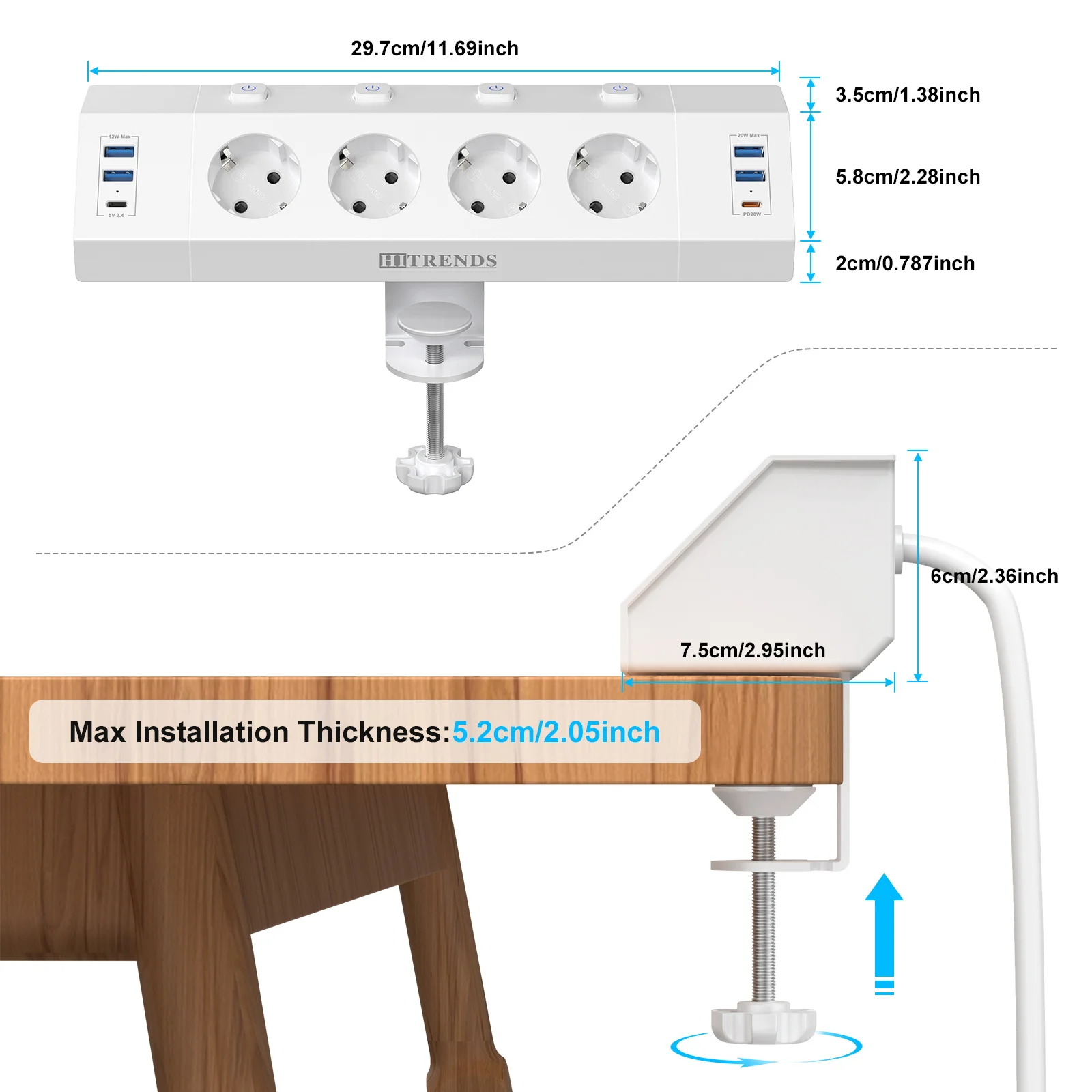 Multi-plug power strip with desktop clamping device pull ring plug 4 USB-A and 2 USB-C ports single-control switch 2 m Multi-plug power strip with desktop clamping device pull ring plug 4 USB-A and 2 USB-C ports single-control switch 2 m