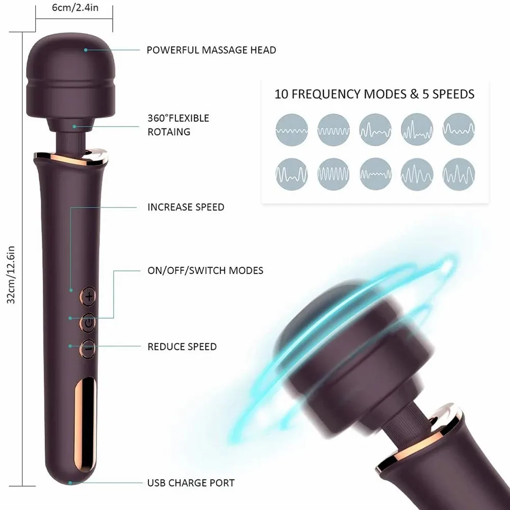 Multi Purpose Vibrating Stick Made of Silicone Material 10 Frequency 5-speed Massage Stick Waterproof and Silent USB